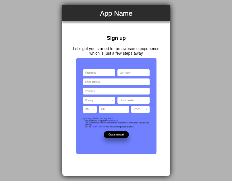 Signup screen UI